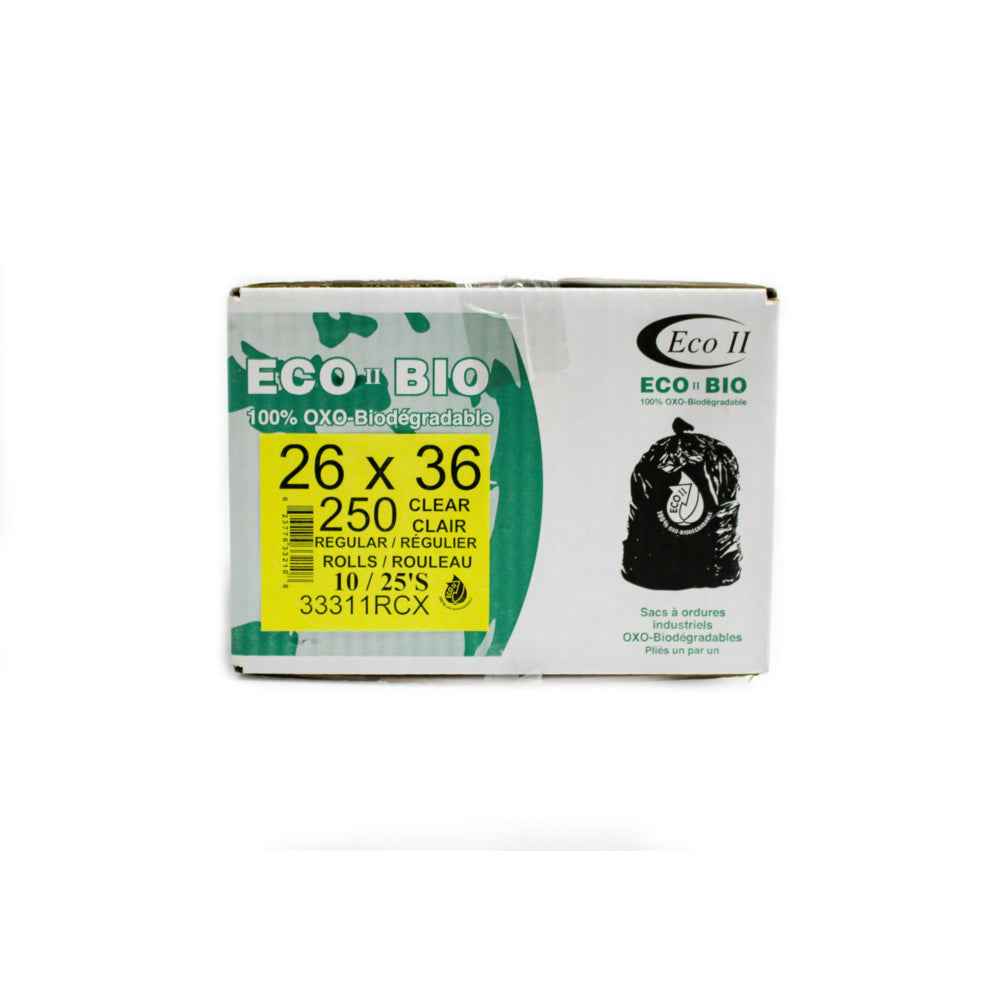 Eco II Oxo-Biodegradable Garbage Bags - 26" x 36" - Regular - Clear - 25/Roll - 250 Pack