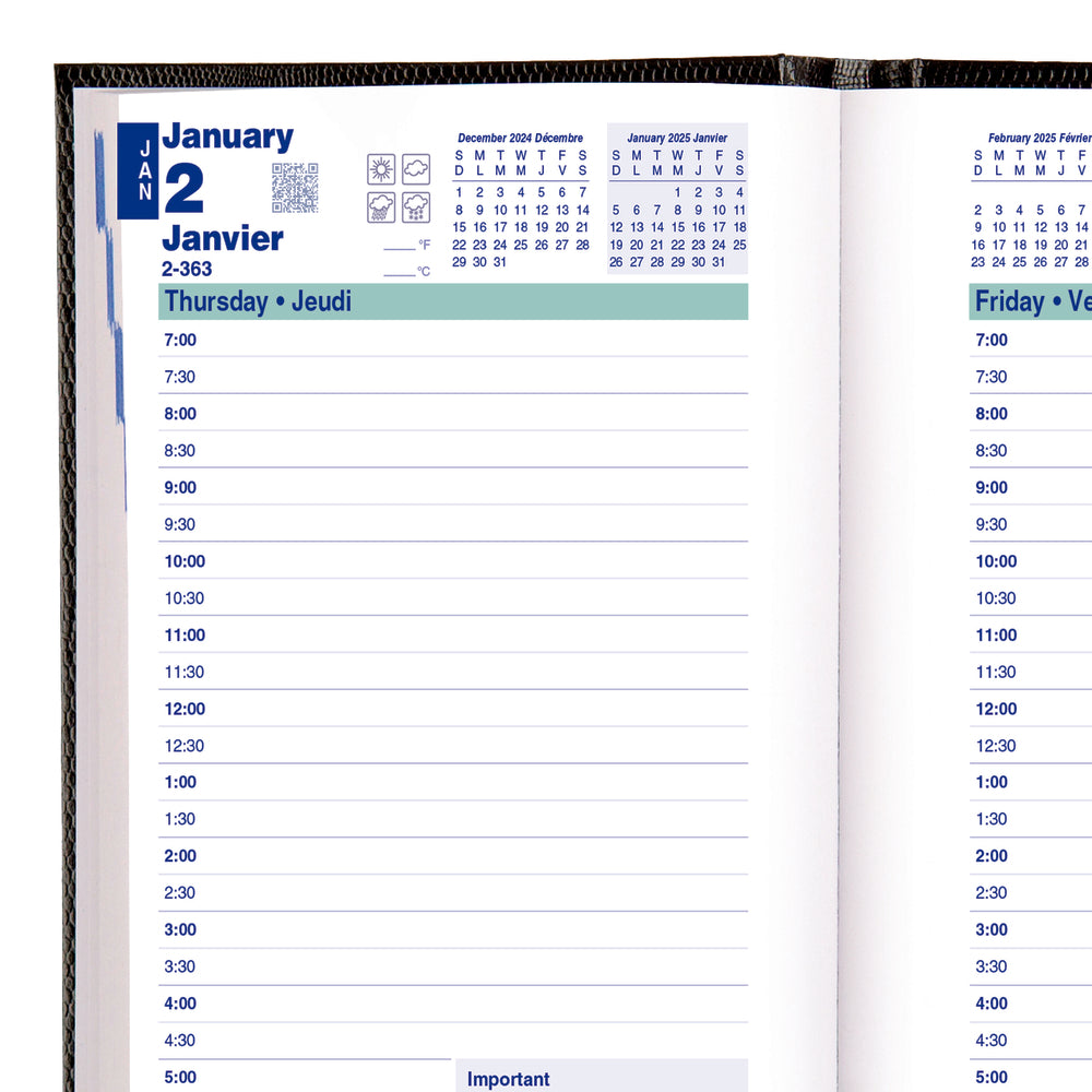 Agenda journalier Blueline 2025 - Reliure dos carré - 8" x 5" - Noir - Bilingue