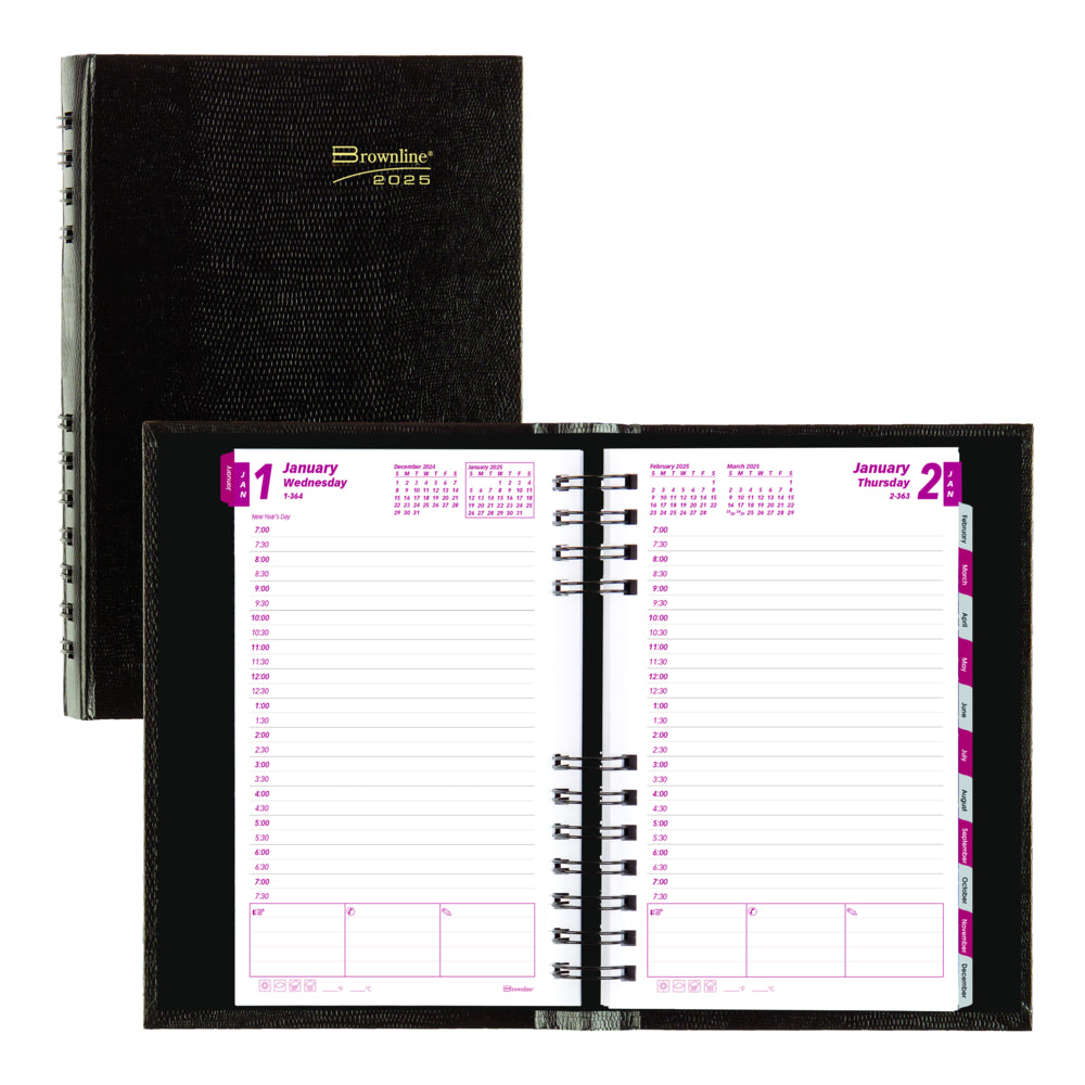 Agenda journalier Brownline 2025 CoilPro, couverture rigide effet lézard – 20,3 x 12,7 cm – Noir – Anglais
