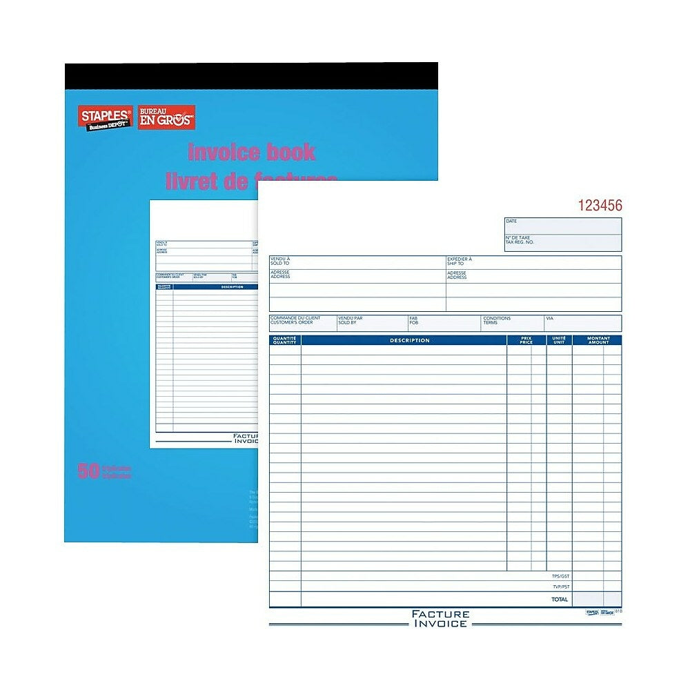 Staples Bilingual Invoice Book - Triplicates - Carbonless - Staple Bound - 8" x 10" - 50 Invoices