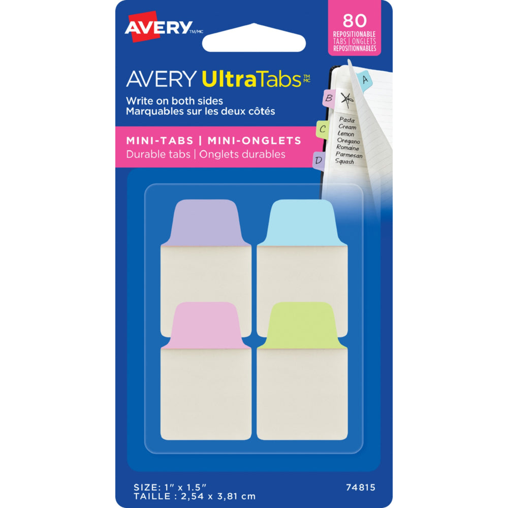 Onglets Avery Ultra - 1" x 1,5" - Couleurs pastel - Paquet de 80 (74815)