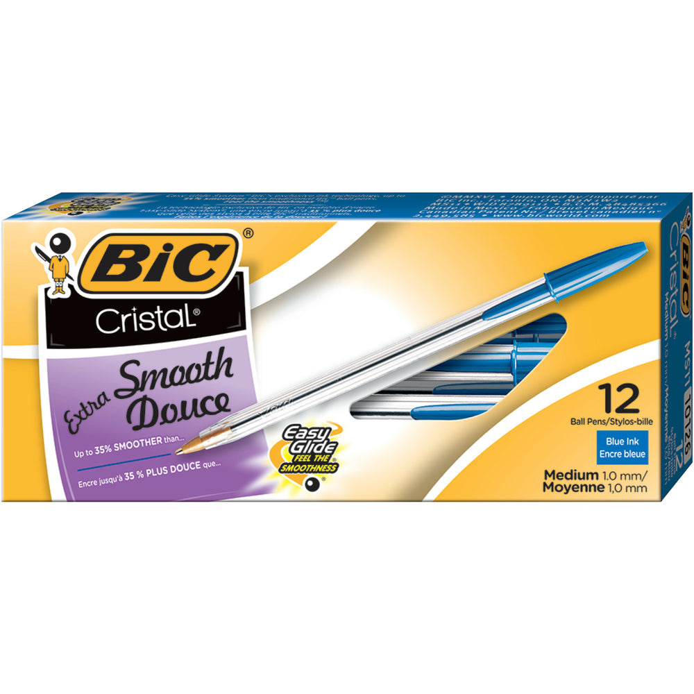 Stylo bille BIC Cristal Extra Smooth Stic - Pointe moyenne (1,0 mm) - Bleu - Lot de 12