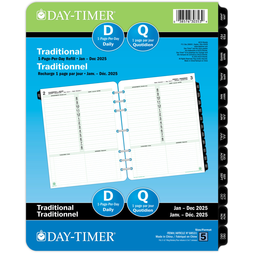 Day-Timer 2025 Dated Refill 1-Page/Day Folio - 11" H x 8-1/2" W - Bilingual