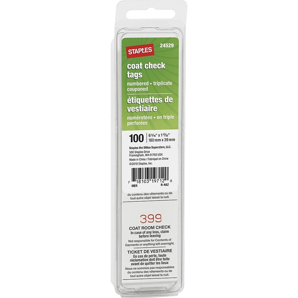 Staples Coat Check Tags - 6-5/16" x 1-17/32" - 100 Pack