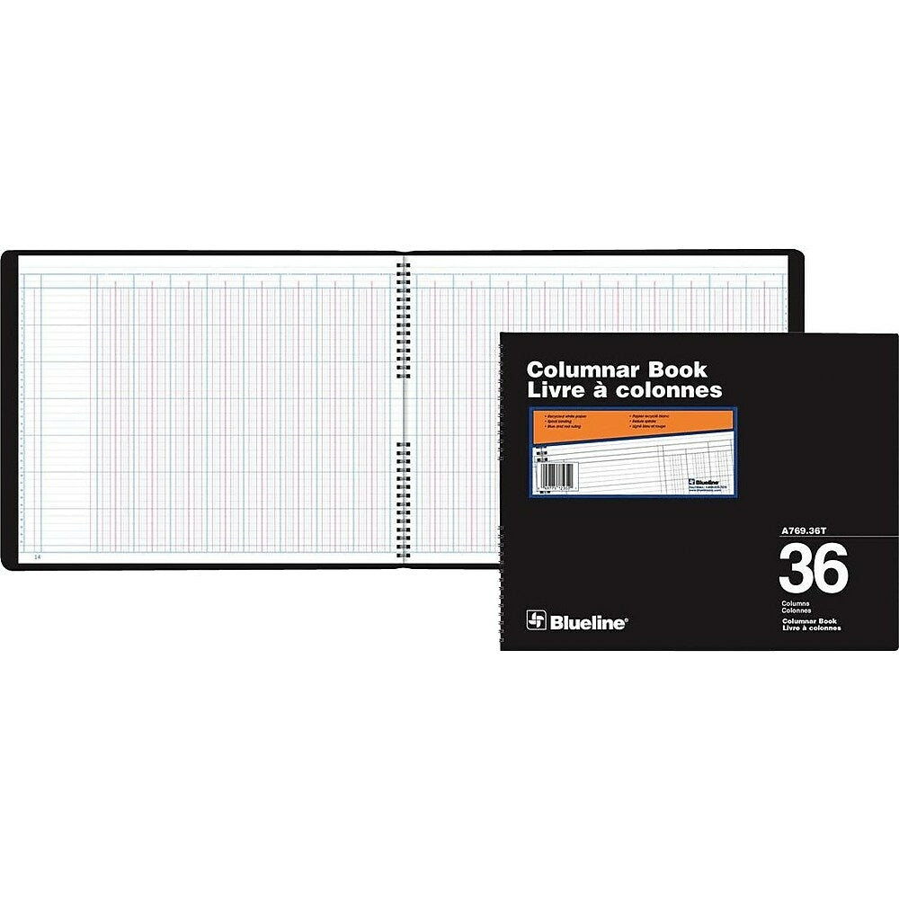 Cahier à colonnes Blueline A769, 36 colonnes, 80 pages, 30,5 x 38,1 cm, noir, reliure spirale