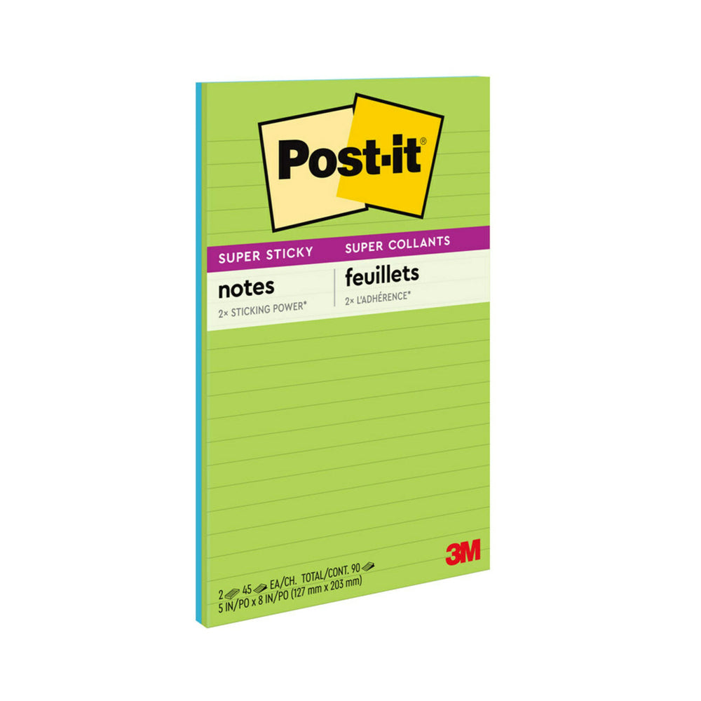 Notes Post-it Super Sticky - 5" x 8" - Collection Energy Boost assortie - Lignées - 90 feuilles - Paquet de 2
