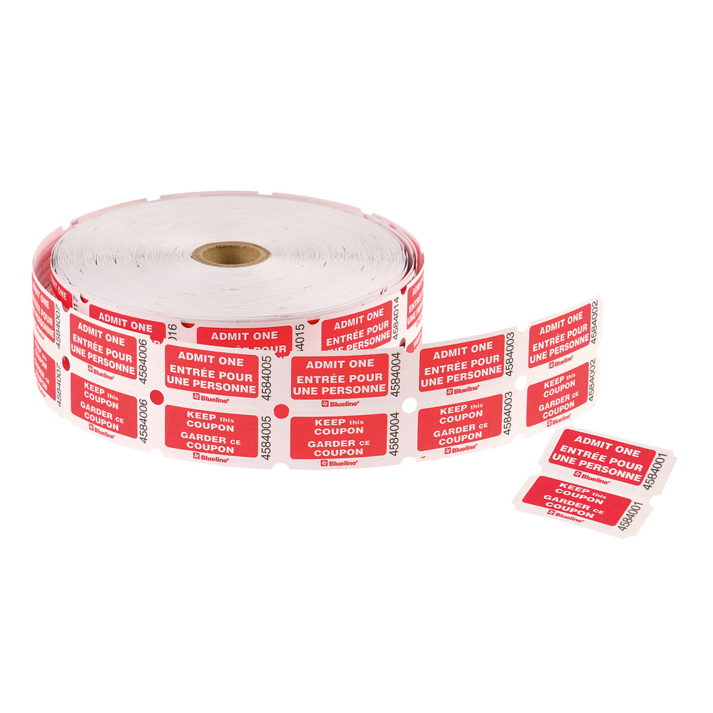 Billets Blueline « Admit One » avec coupon - Rouleau double - Bilingue - Rouge - 1 000/rouleau