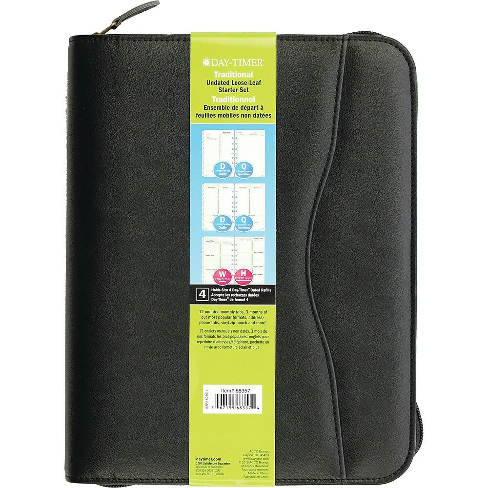 Day-Timer Undated Avalon Leather-Like Vinyl Refillable Day Planner - Black - Desk - 5-1/2" x 8-1/2" - Bilingual