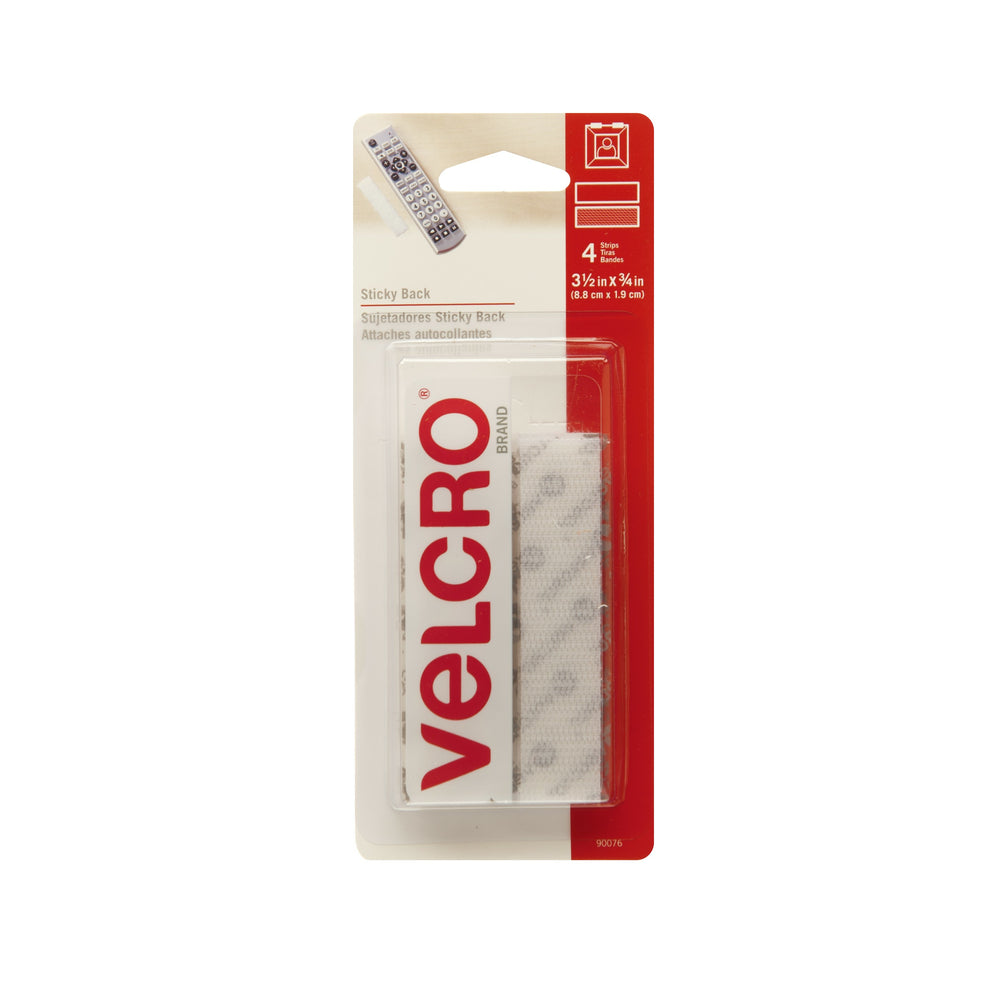 Attaches Velcro autocollantes en forme de bande - 3 1/2" x 3/4" - Blanc - Paquet de 4