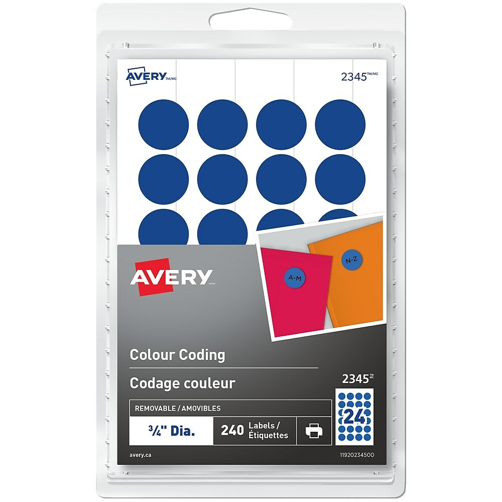 Avery Print or Write Removable Colour-Coding Labels, 3/4" Round, Blue, 240 Pack (2345)
