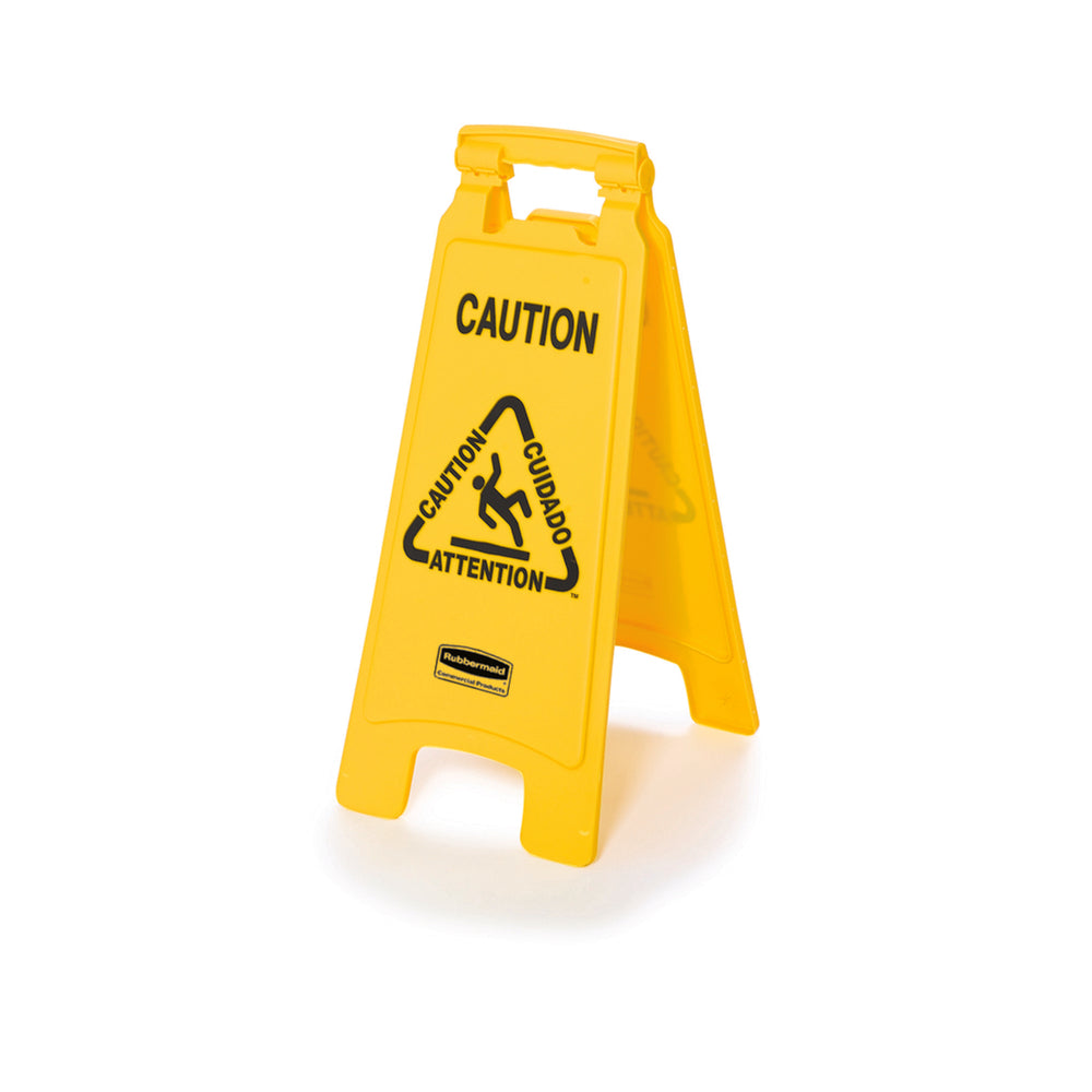 Panneau de sol pliable recto verso Rubbermaid « Attention » – 67 cm (H) x 28 cm (L) – Jaune