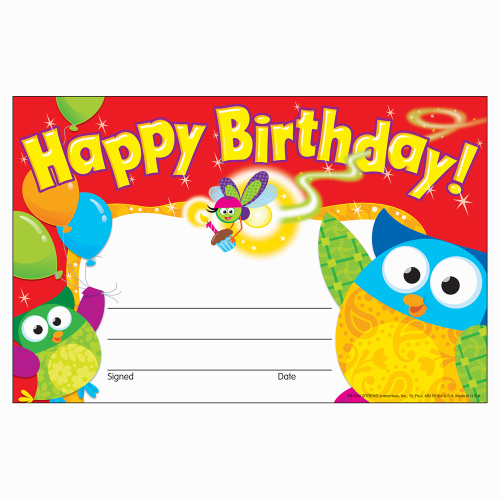 TREND enterprises Happy Birthday Recognition Awards - 5.5" x 8.5" - Owl Theme - 30 pack - English
