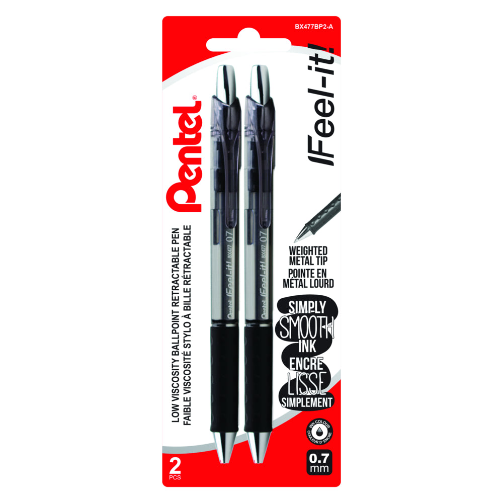 Pentel Feel-It! Retractable Ballpoint Pen - 0.7mm - Black Ink - 2 Pack