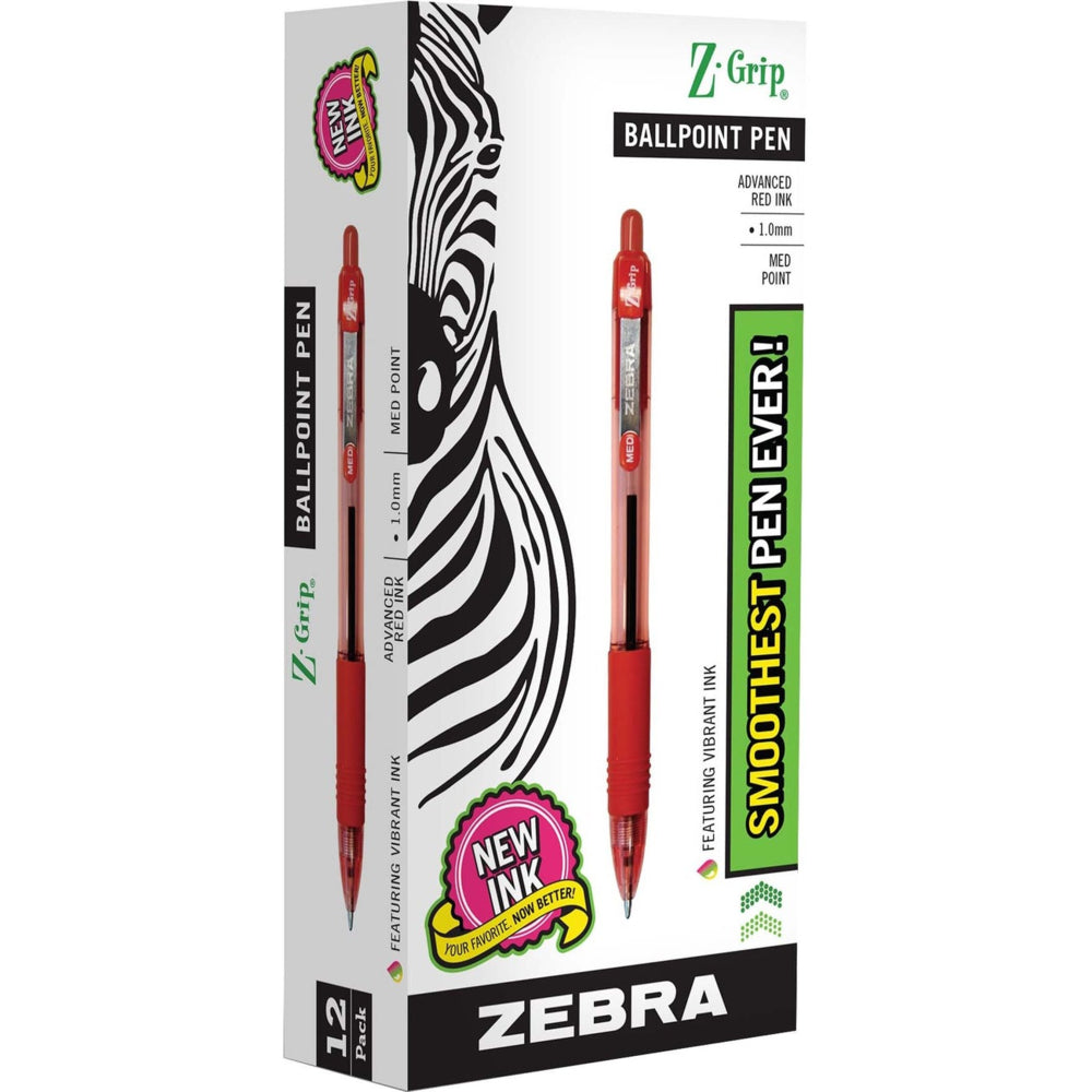 Zebra Z-Grip Retractable Ballpoint Pen - Medium Point - 1.0 mm - Red Ink - 12 Pack