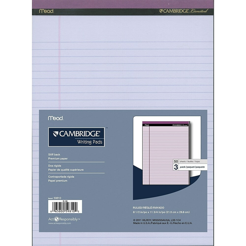 Blocs perforés Cambridge, 8-1/2" x 11-3/4", larges lignes, orchidée, 50 feuilles par bloc, paquet de 3