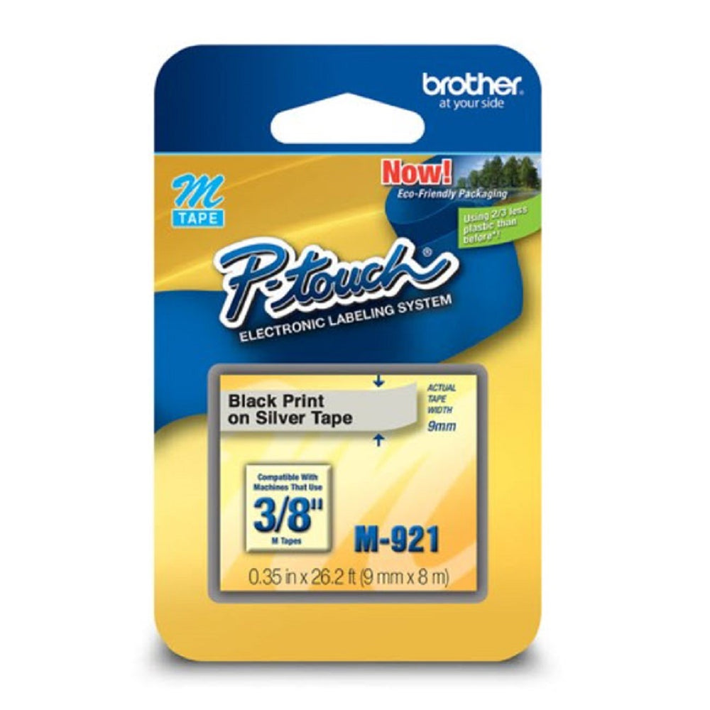 Brother Genuine M921 Black on Silver Non-Laminated Tape for P-touch Label Makers, 9 mm wide x 8 m long