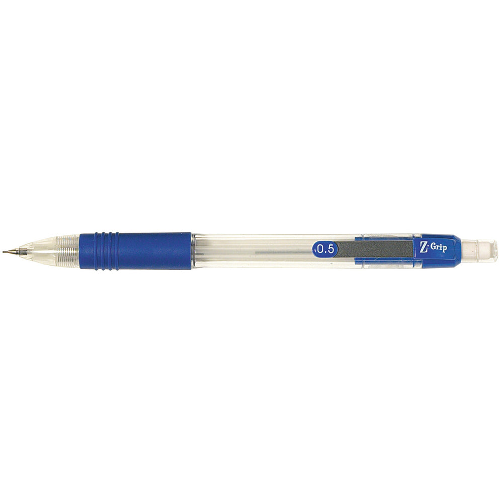 Crayon mécanique Zebra Z-Grip avec clip en métal - 0,5 mm - Corps transparent avec accents bleus