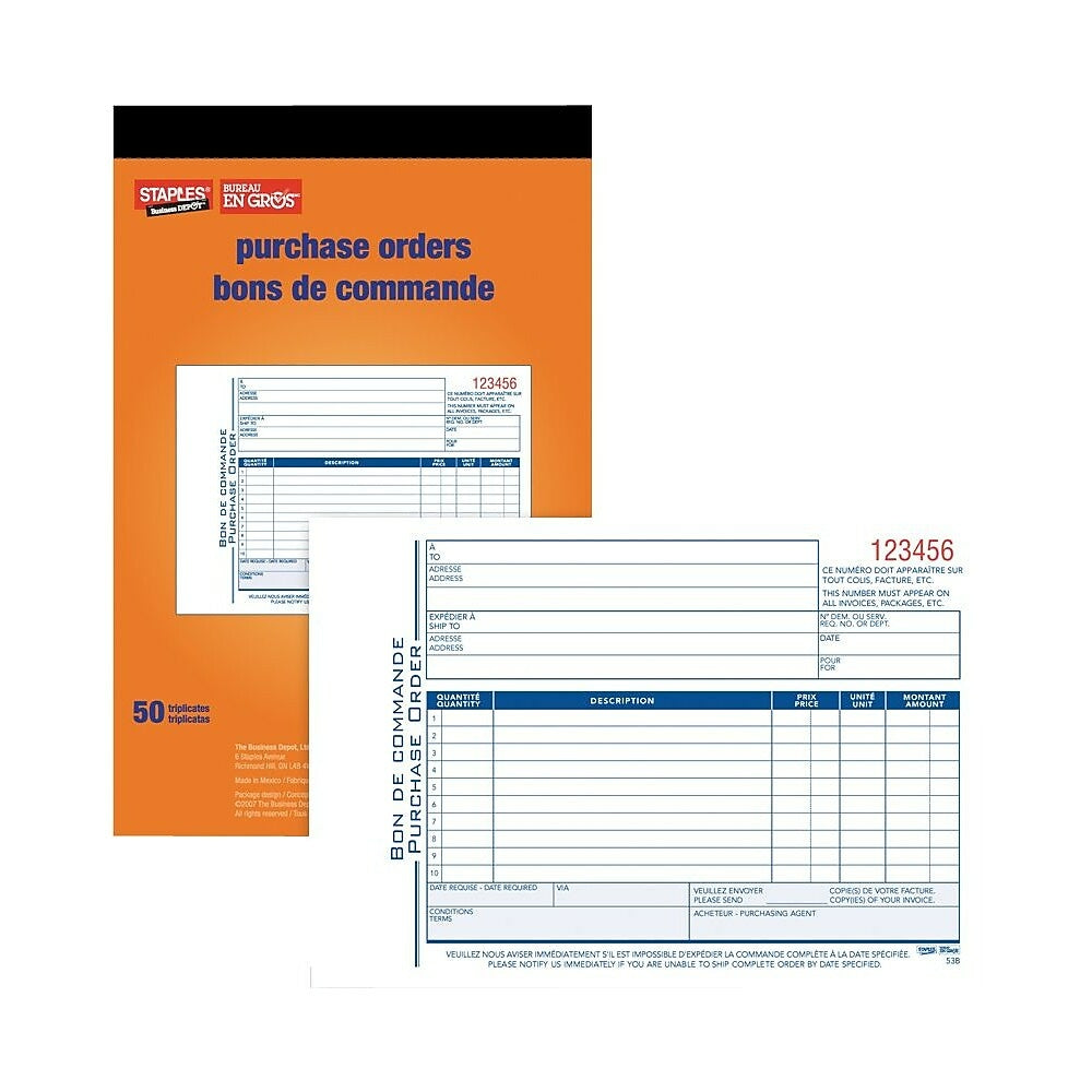 Bon de commande bilingue Staples - STC53B - Triples - Autocopiant - Reliure à agrafes - 5-9/16" x 8-7/16"