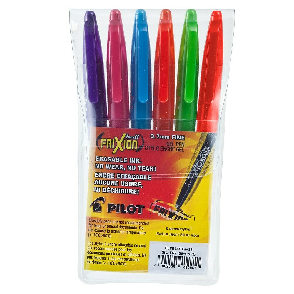 Stylos à encre gel effaçables Pilot Frixion Ball, pointe roller, rechargeables, 0,7 mm, couleurs assorties, lot de 6 (BLFR7ASTB-S6)