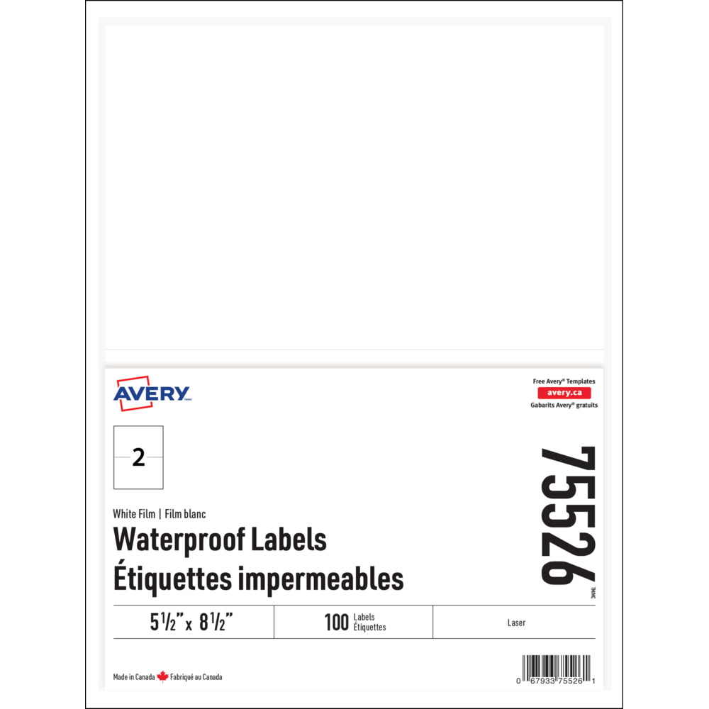 Étiquettes imperméables Avery - 5,5" x 8,5" - Paquet de 100