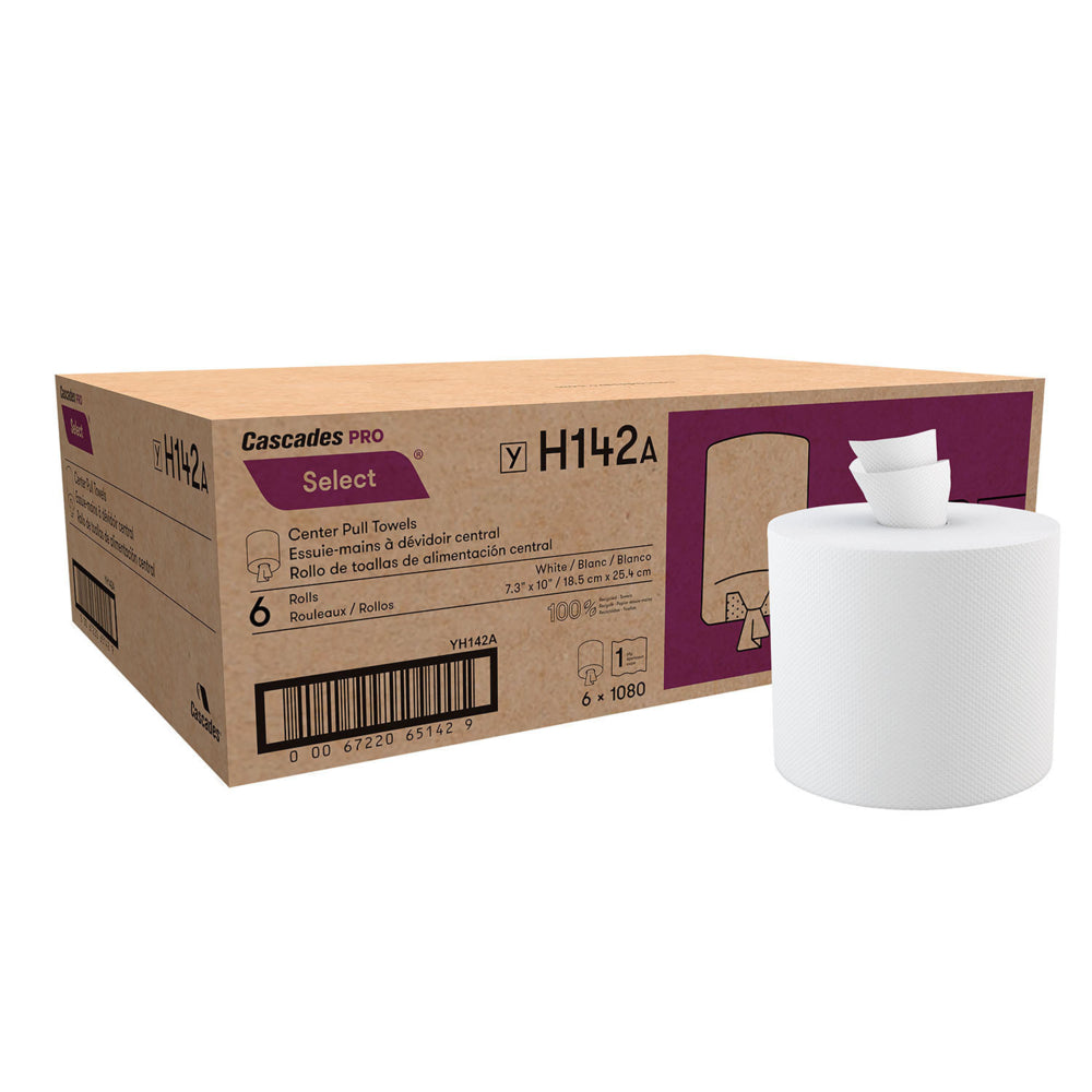 Essuie-tout Cascades PRO Select 1 épaisseur à dévidage central - 1 080 feuilles/rouleau - Blanc - Paquet de 6
