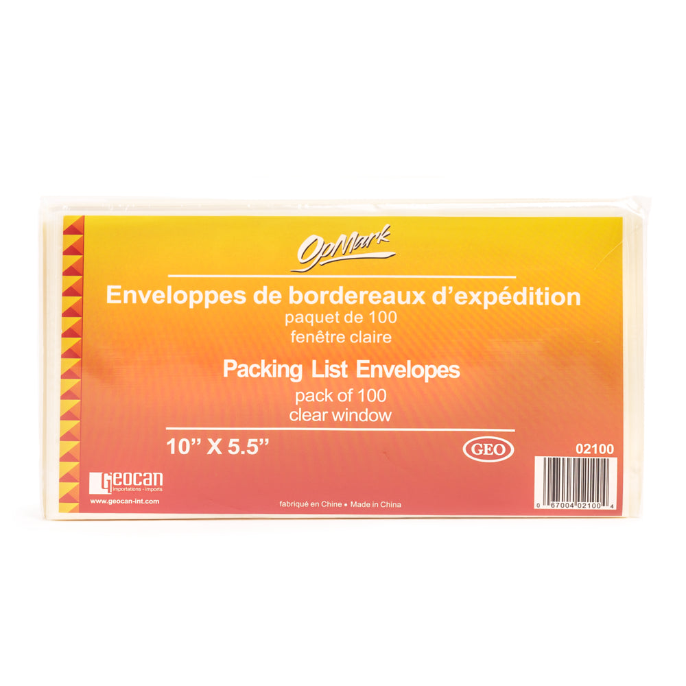 Geocan Full Window Packing Slip Envelopes - 10"W x 5-1/2"L - 100 Pack