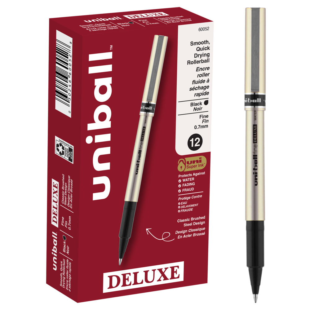 uni-ball Deluxe Rollerball Pens - Fine Point (0.7mm) - Black - 12 Pack