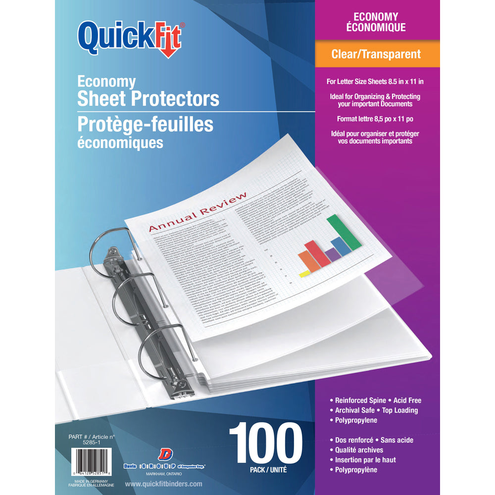 Protège-feuilles à chargement par le haut Davis Group QuickFit – Économique 2 mil – Format lettre – Transparent – Paquet de 100