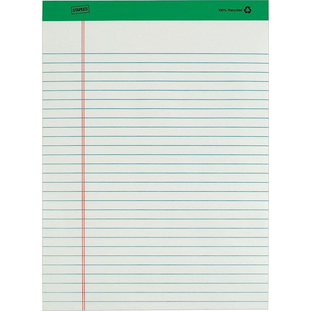 Staples 100% Recycled Pad - 8-1/2" x 11-3/4" - White - 50 Sheets - 12 Pack