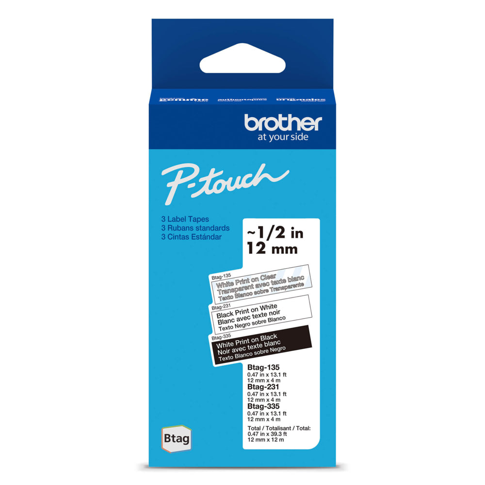 Rubans non laminés Brother authentiques BTAG3M01 pour étiqueteuses P-touch - Neutres - 12 mm l x 4 m L - Lot de 3