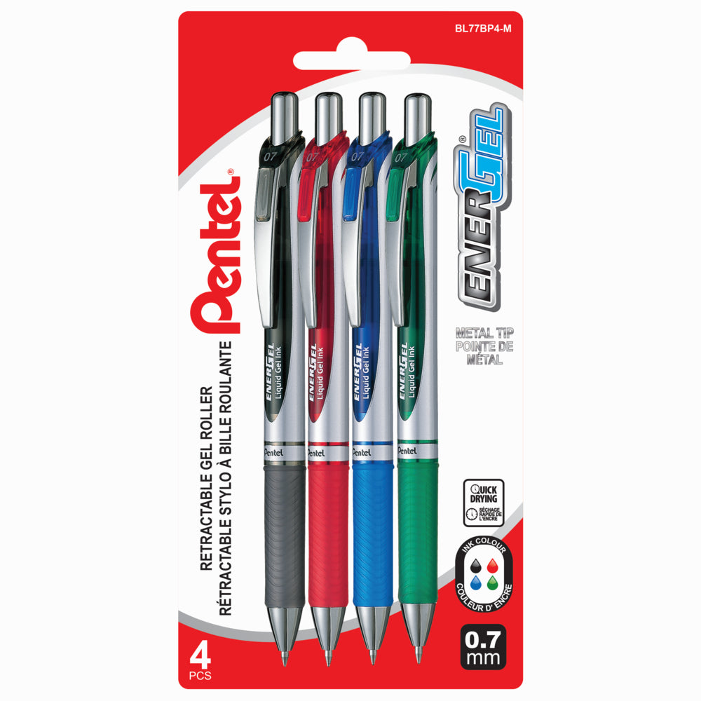 Pentel EnerGel Liquid Gel Pens, Retractable, 0.7mm, Assorted, 4 Pack