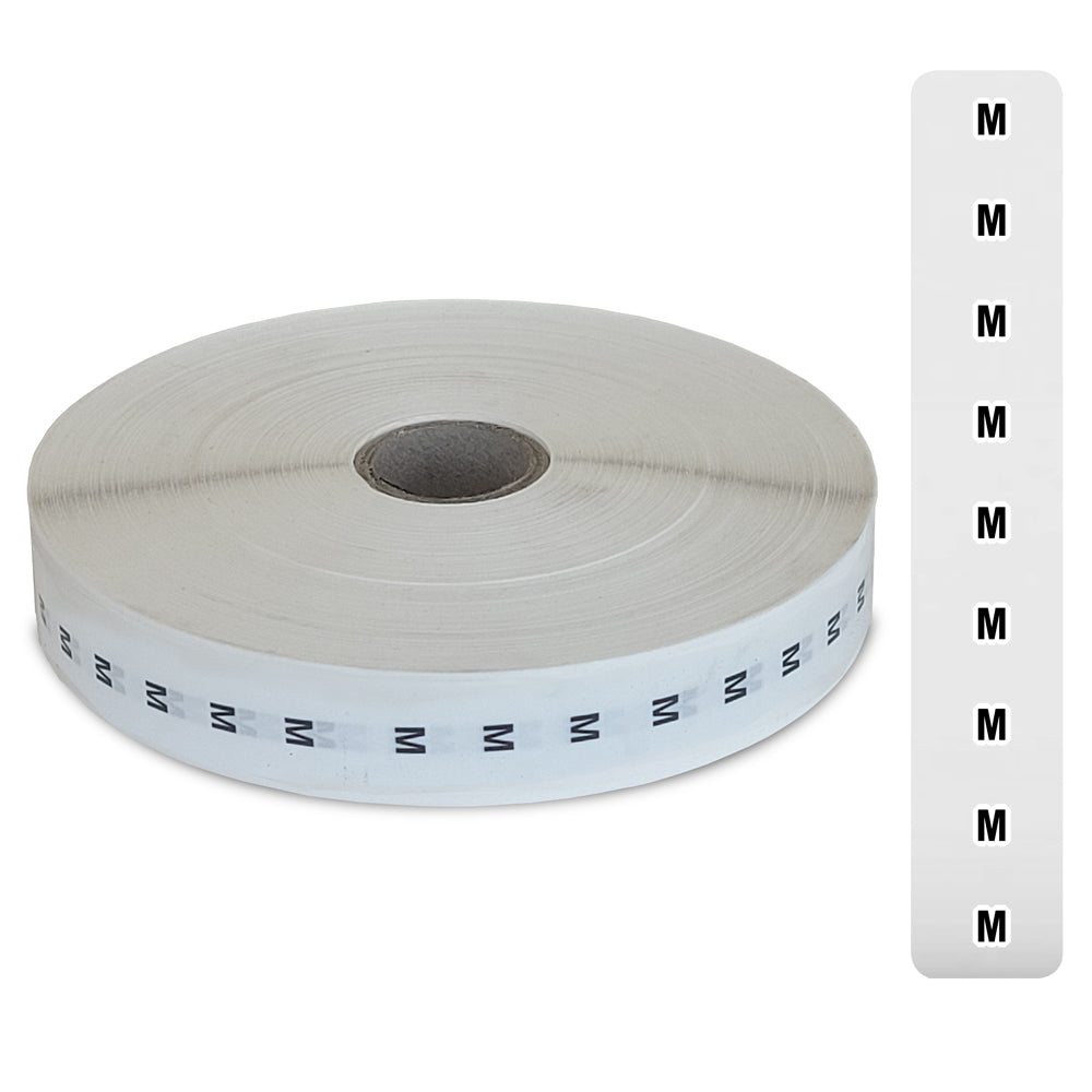 Bandes autocollantes Eddie's Sizer - M - Impression noir et blanc sur transparent - 1,9 cm x 11,4 cm - 1 000 par rouleau