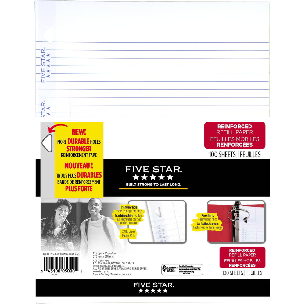 Recharge de papier renforcé Five Star, ligné, 21,5 x 28 cm, blanc, 100 feuilles