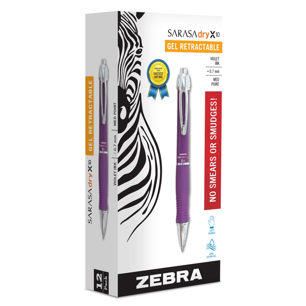 Stylo gel rechargeable Zebra GR8, encre violette, taille moyenne, 0,7 mm, avec grip en caoutchouc surdimensionné, lot de 12