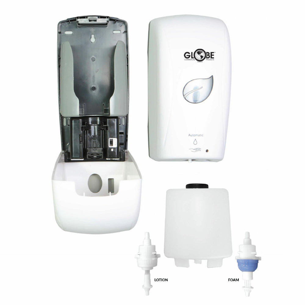 Distributeur de savon liquide ou mousse Globe Commercial sans contact à double embout - Blanc