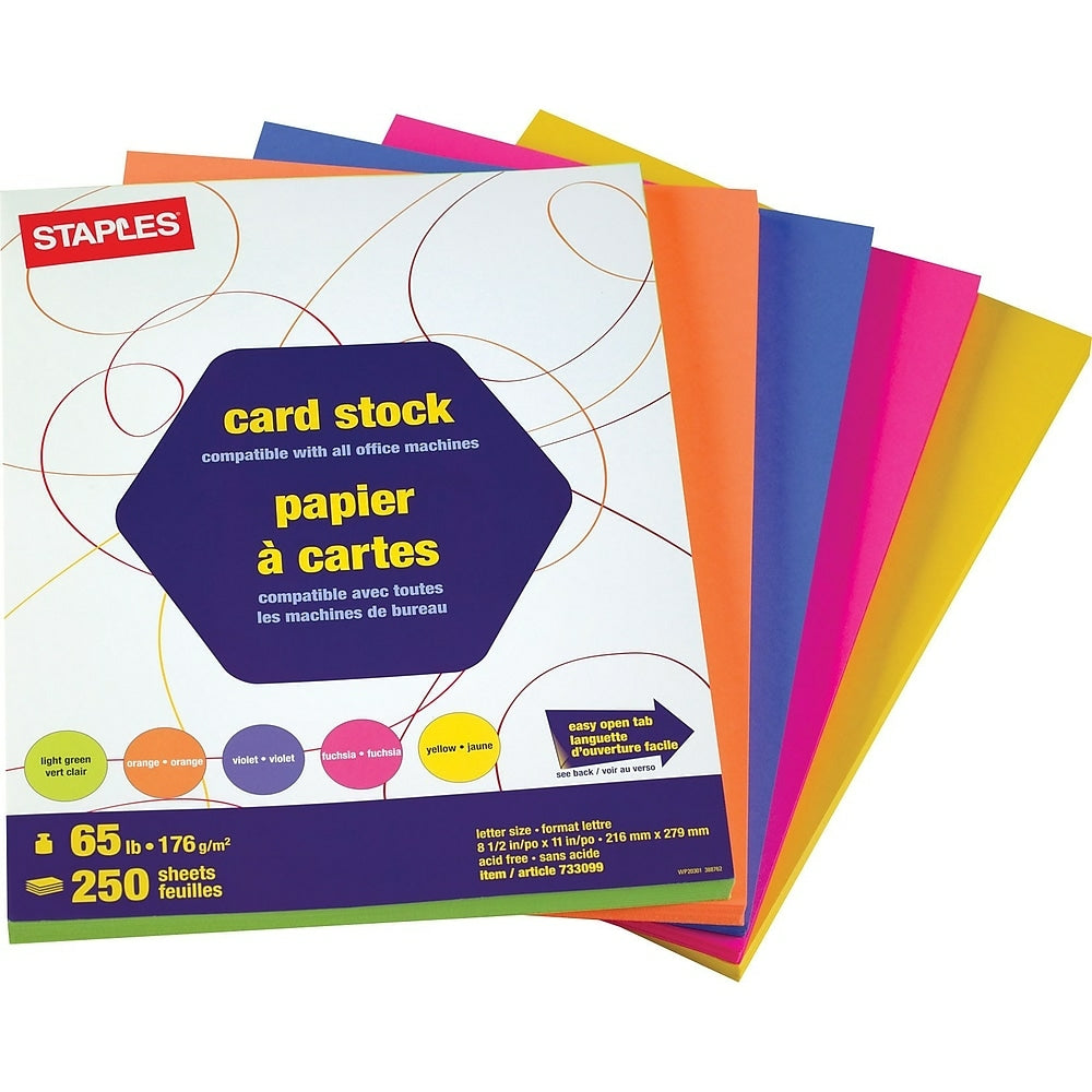 Staples Brights Coloured Card Stock - 8-1/2" x 11" - 65 lb - Assorted Neon Colours - 250 Sheets