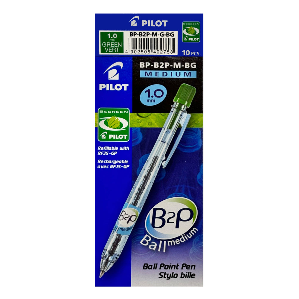 Stylo à bille rétractable Pilot BeGreen B2P Bottle 2 Pen - Fin - 1,0 mm - Vert - Lot de 10