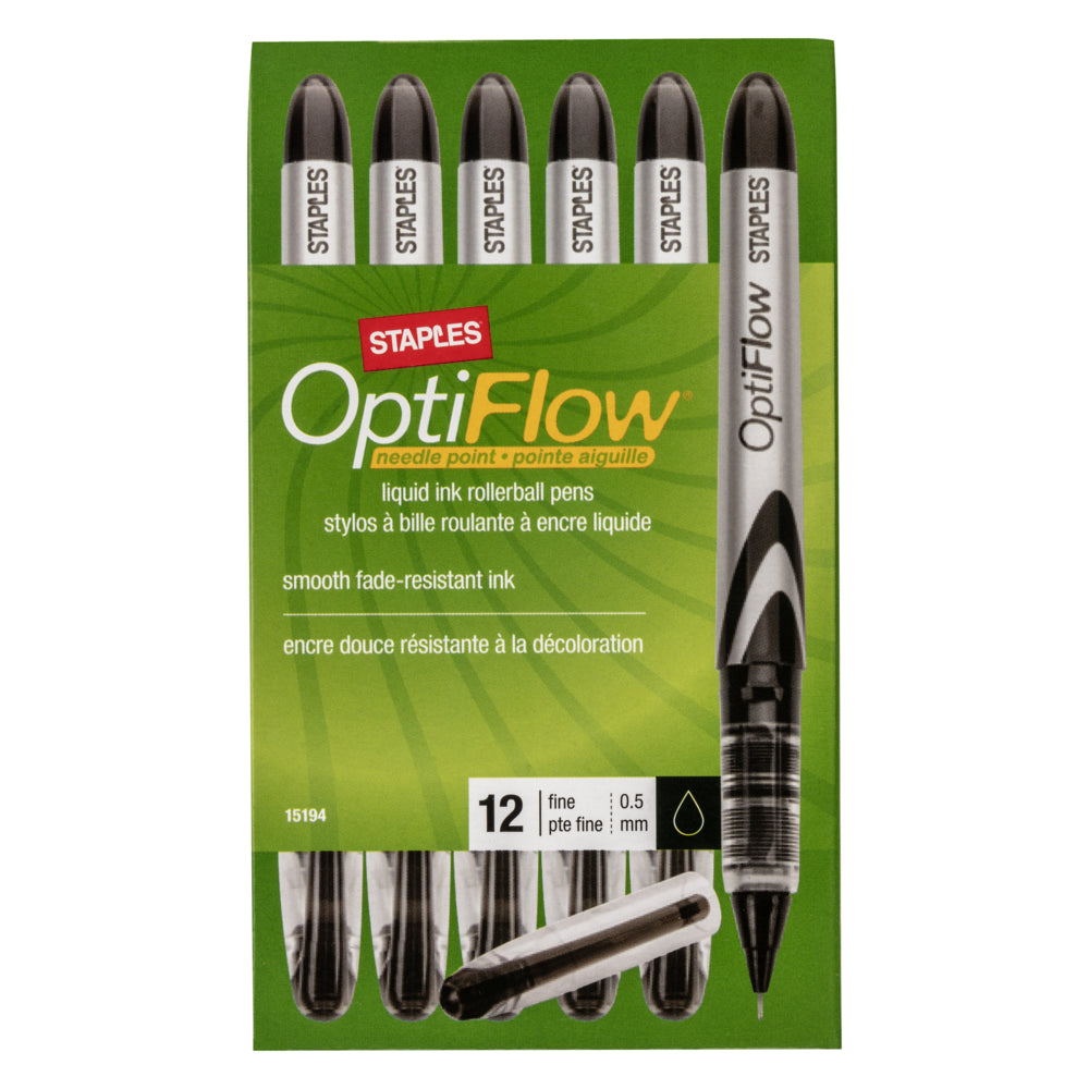 Staples OptiFlow Needle-Tip Rollerball Pens - 0.5 mm - Black - 12 Pack