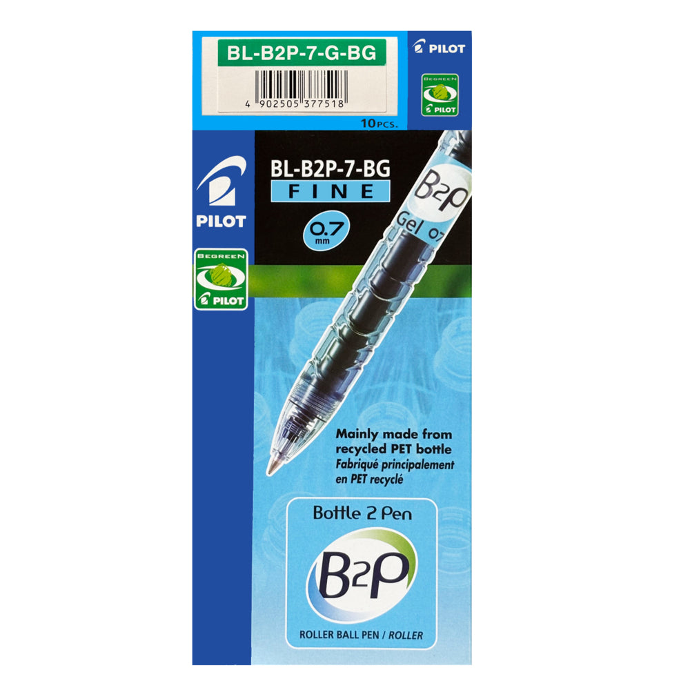 Stylo roller rétractable à encre gel Pilot BeGreen B2P - 0,7 mm - Vert - Paquet de 10
