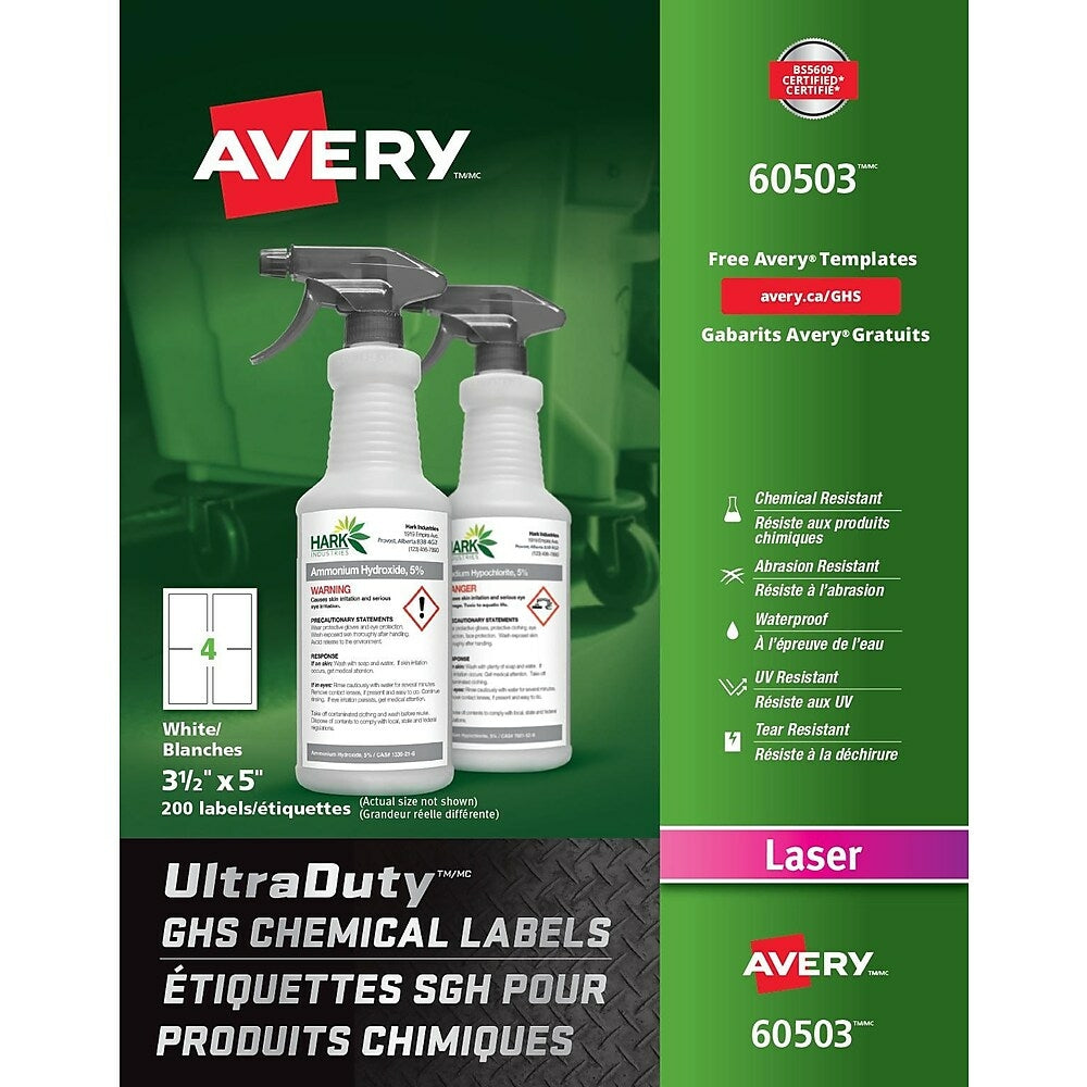 Avery UltraDuty White GHS Chemical Labels, 3 1/2" x 5", 200 Pack, (60503)