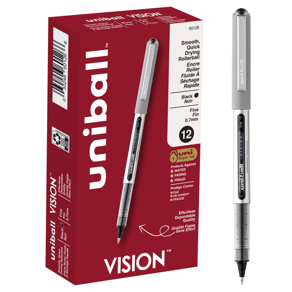 Stylos roller Uni-Ball Vision - Pointe fine (0,7 mm) - Noir - Lot de 12