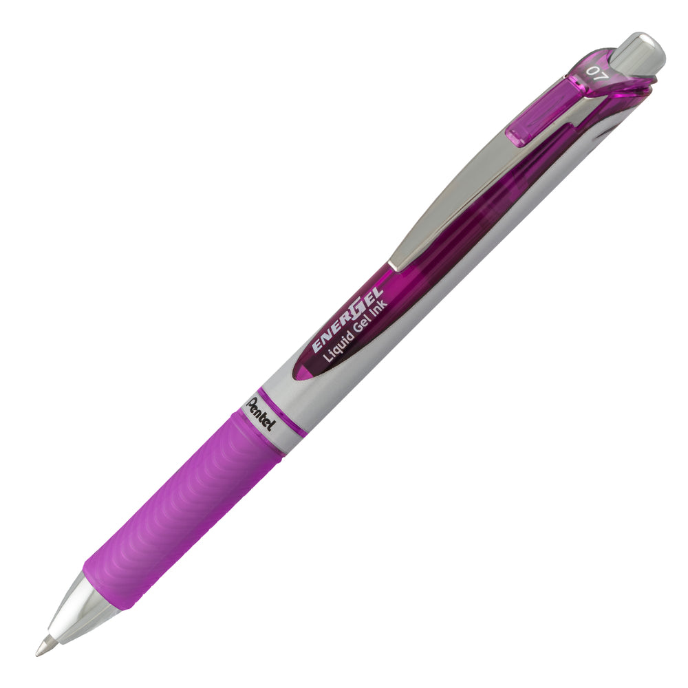 Stylo roller rétractable à encre gel liquide Pentel EnerGel, pointe moyenne en métal, 0,7 mm, violet