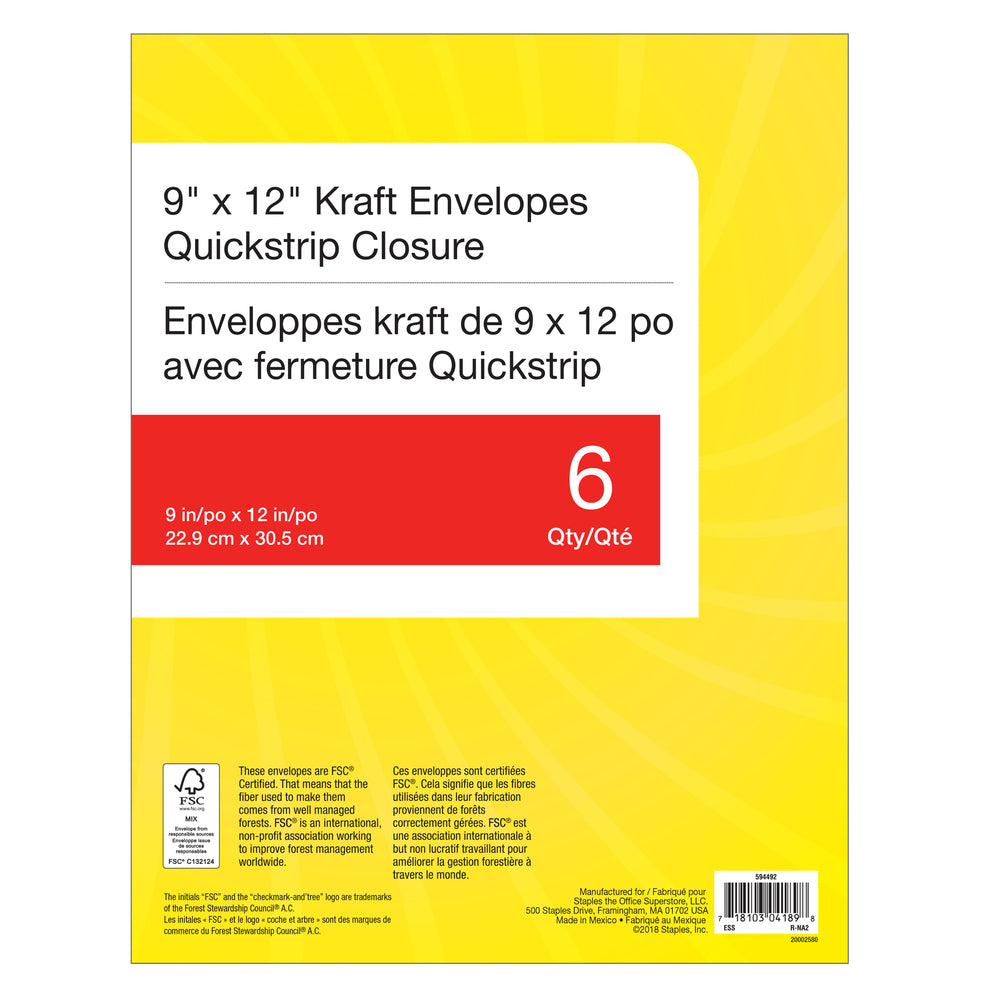 Enveloppes pour catalogue Staples QuickStrip - 9" x 12" - Paquet de 6