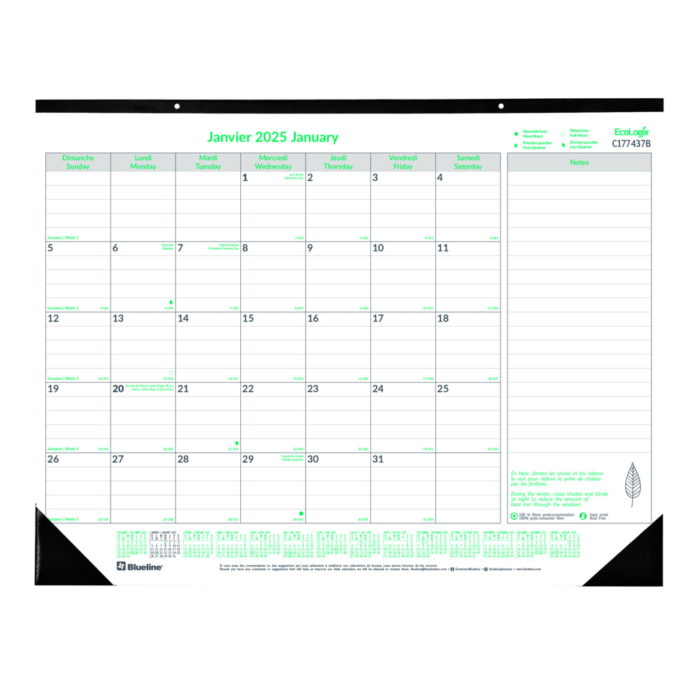 Blueline 2025 EcoLogix Monthly Desk Pad Calendar - 22" x 17" - Bilingual