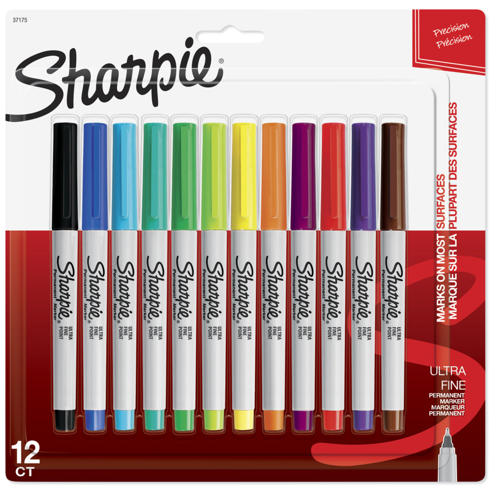 Marqueurs permanents Sharpie - Pointe ultra-fine - Couleurs assorties - Paquet de 12