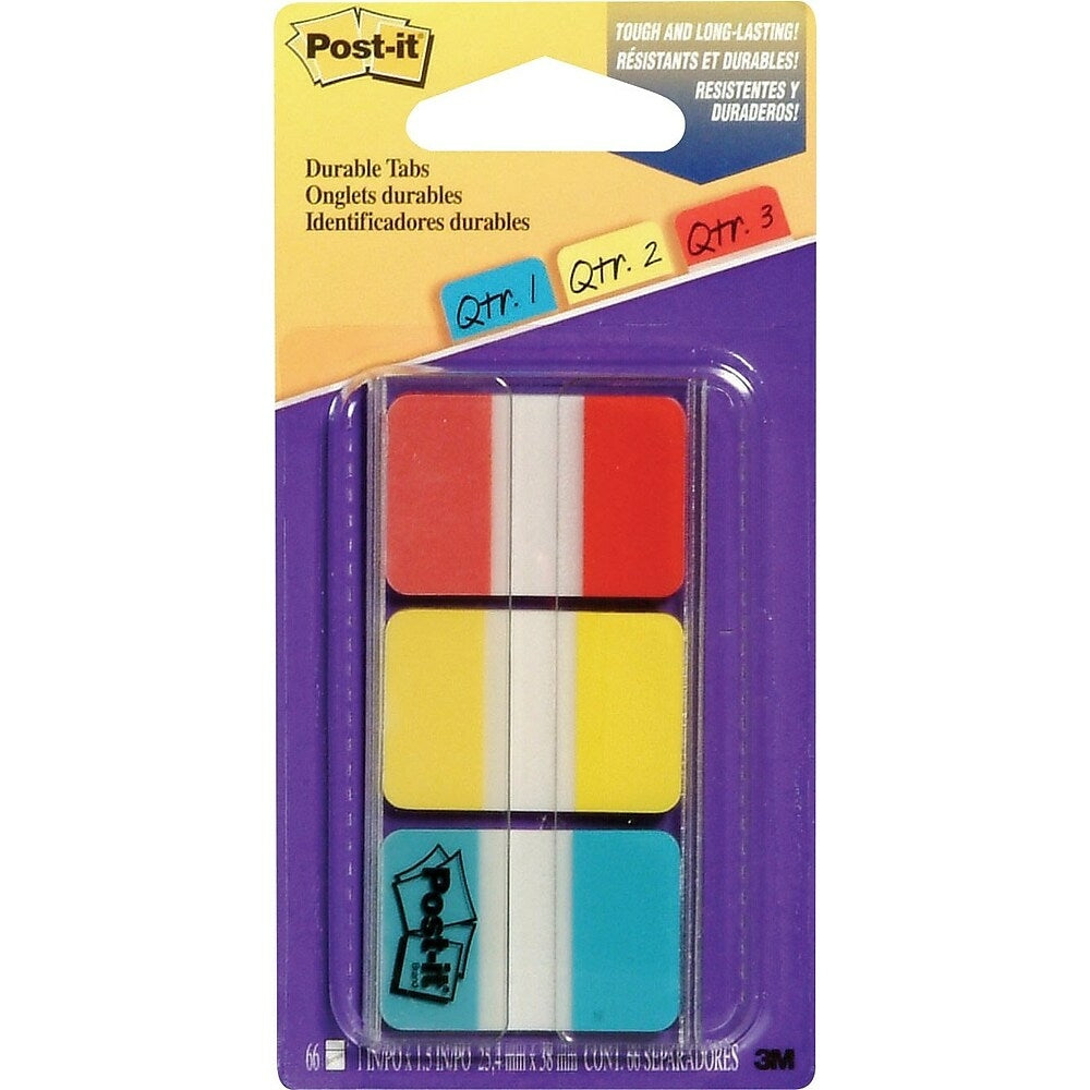 Post-it Durable Index Tabs, Red, Yellow & Blue, 66 Pack