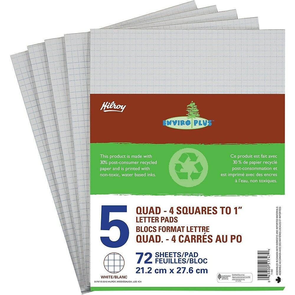 Hilroy Enviro Plus Figuring Pads, 8-3/8" x 10-7/8", Quad-Ruled, White, 72 Sheets, 5 Pack