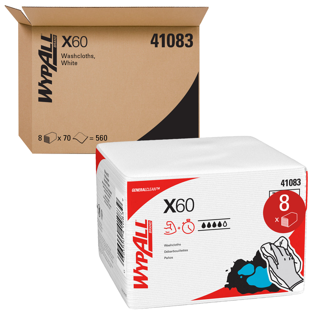 Chiffons de nettoyage multi-tâches WypAll General Clean X60 (41083) - Débarbouillettes avec Hydroknit - 31,8 x 25,4 cm - Blanc - Plié en quatre - 70 feuilles