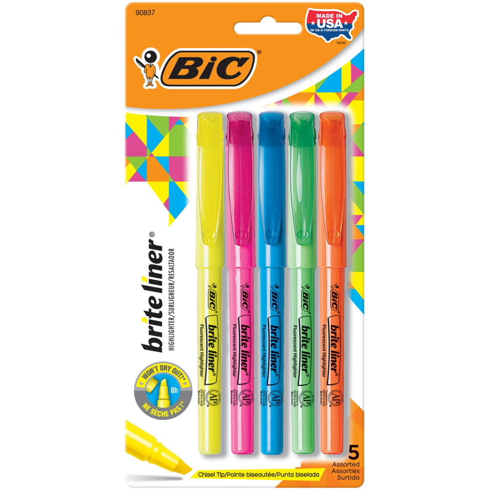 BIC Brite Liner Highlighter - Chisel Tip (1.6mm) - Assorted Fluorescent Colours - 5 Pack