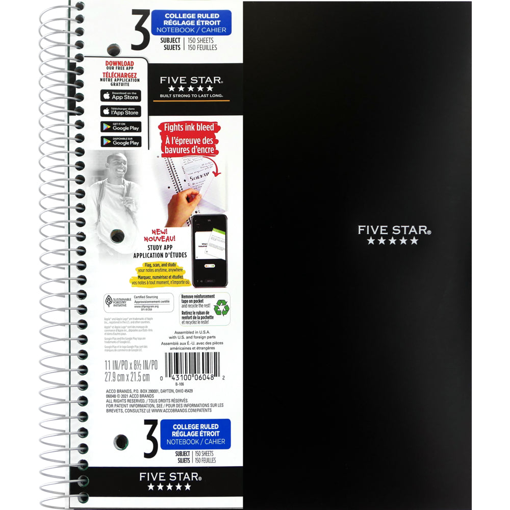 Cahier Five Star Premium 3 sujets avec pages perforées - 11" x 8-1/2" - Couleurs assorties - 150 feuilles